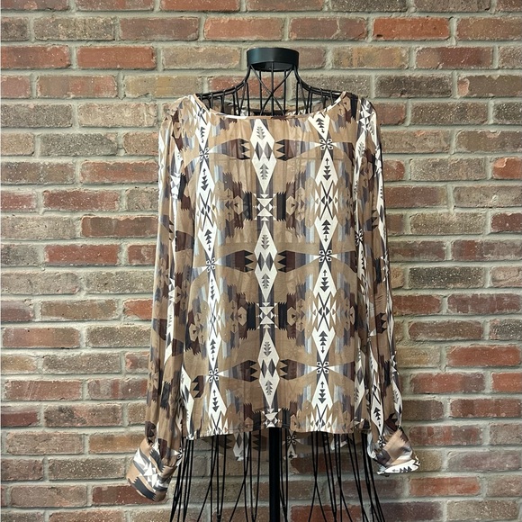 Dora Landa 100% Silk Long Sleeved Sheer Aztec Print Blouse Size Large - Picture 1 of 7